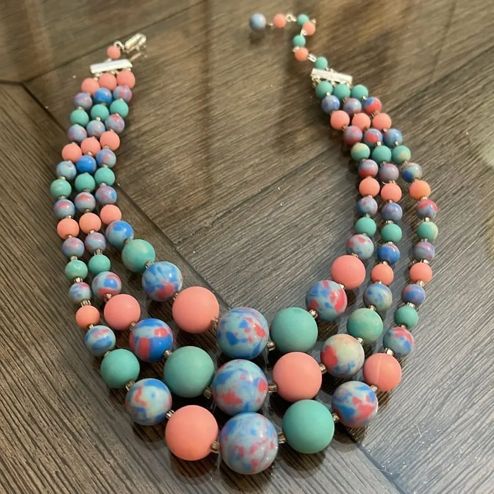 Vintage Japan Three Strand Pastel Candy Colored Beaded Necklace